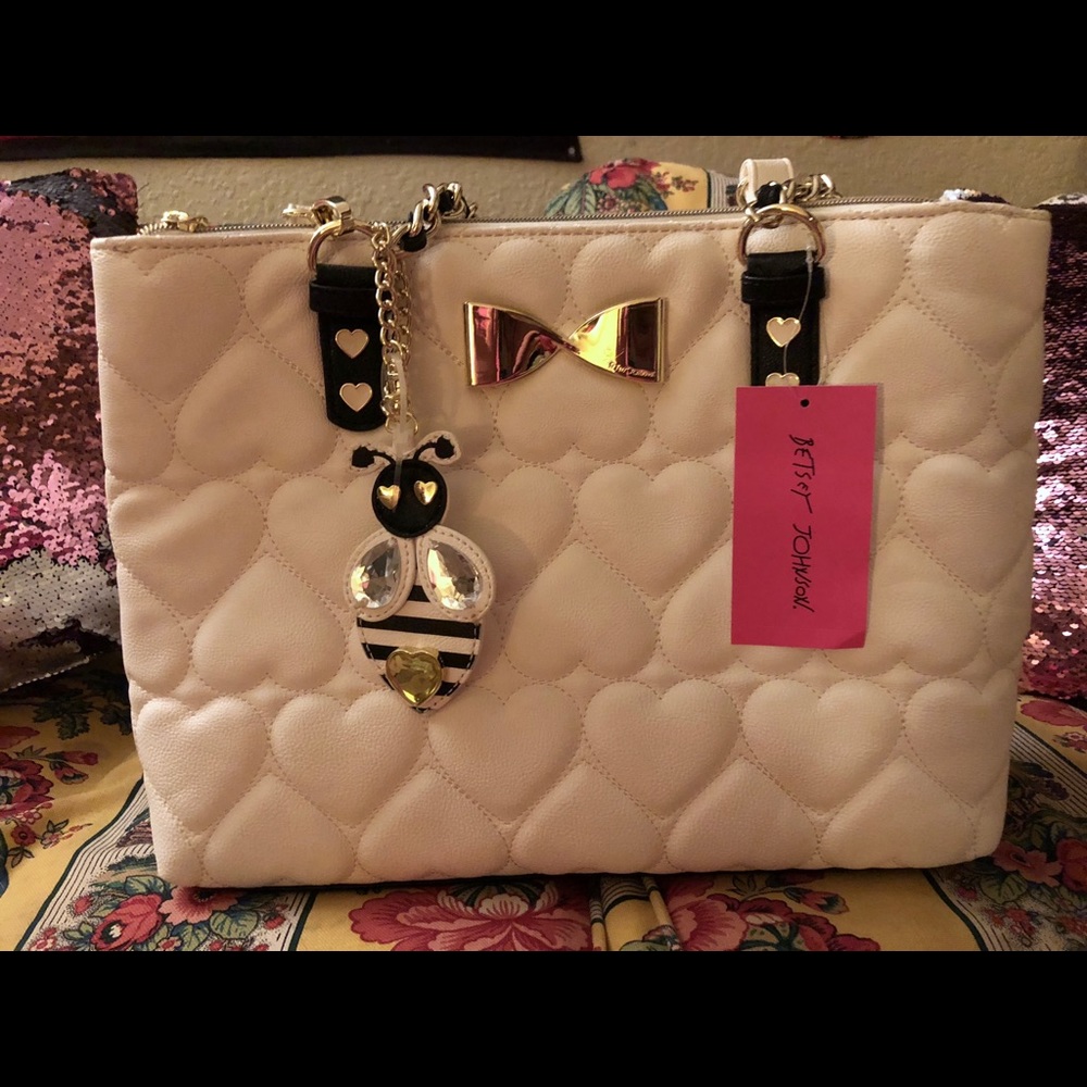 Betsy Johnson White Heart Stiched Tote